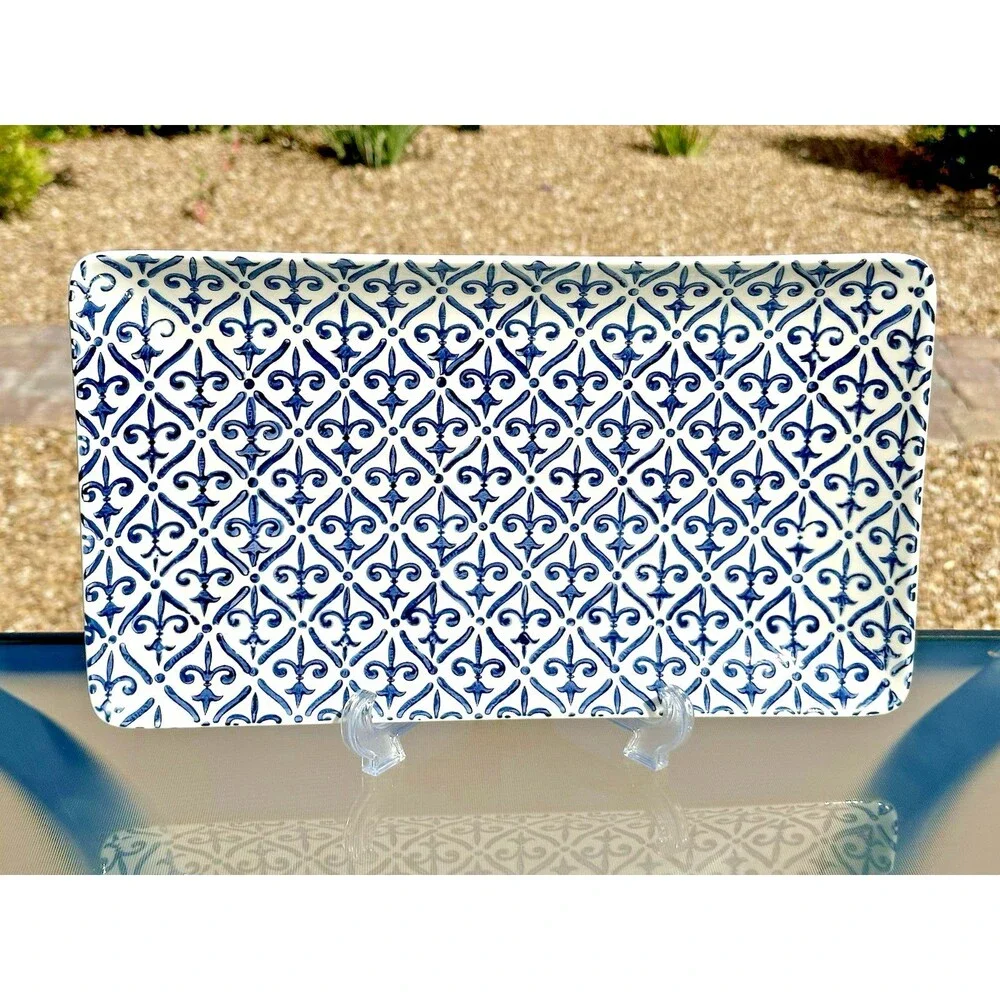 Sur la Table Fleur de Lis Rectangular Cobalt Blue & White Serving Platter Tray